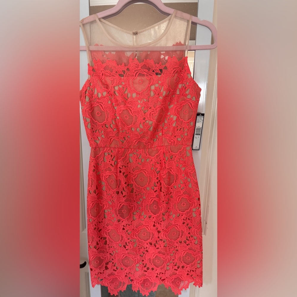 NWT Tahari Womens Neon Orange Coral Crochet Lace Spring Sheath Dress Size 0
